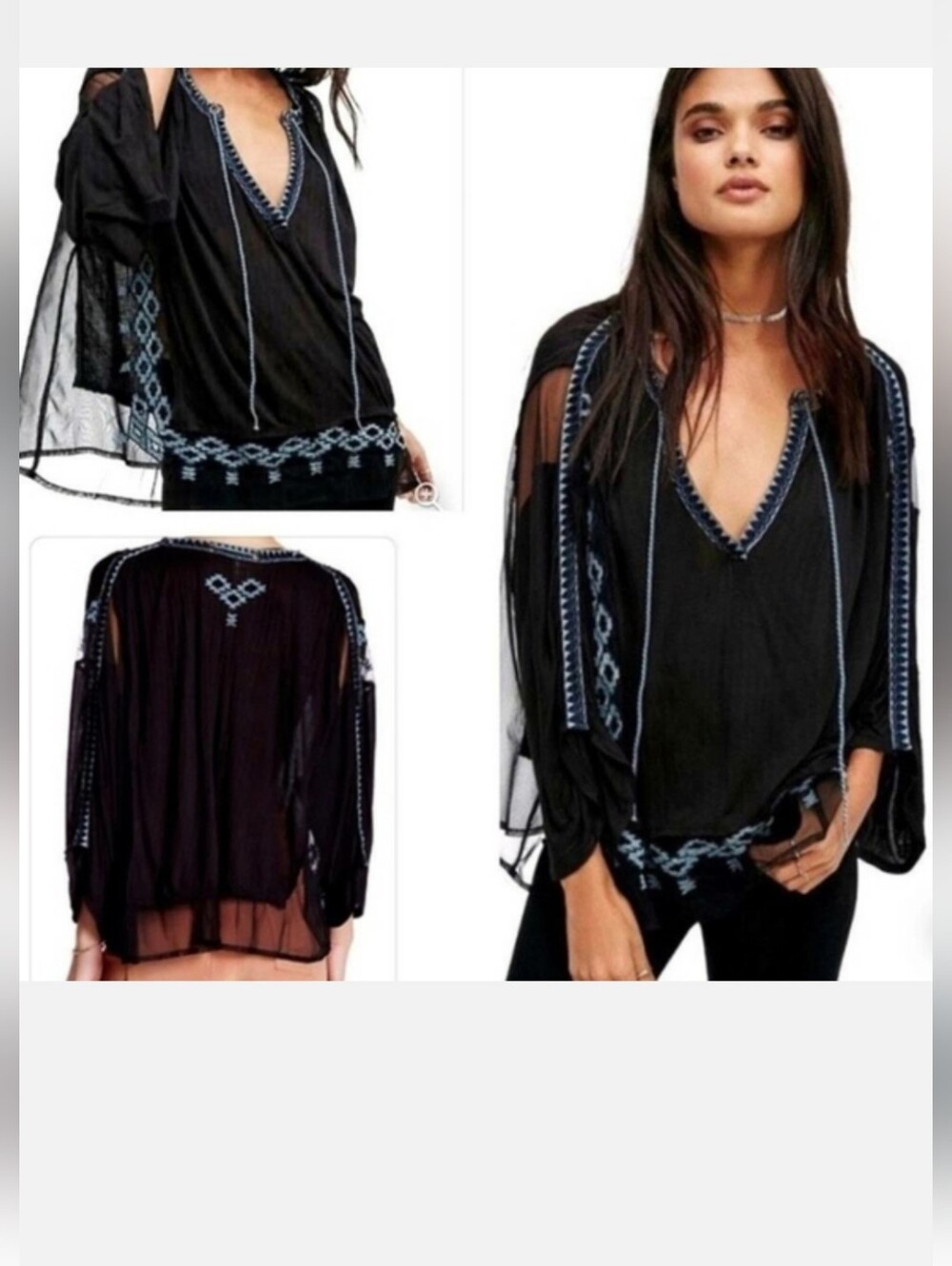 Free People Black Sheer Peasant Blouse with Blue Embroidery Size L